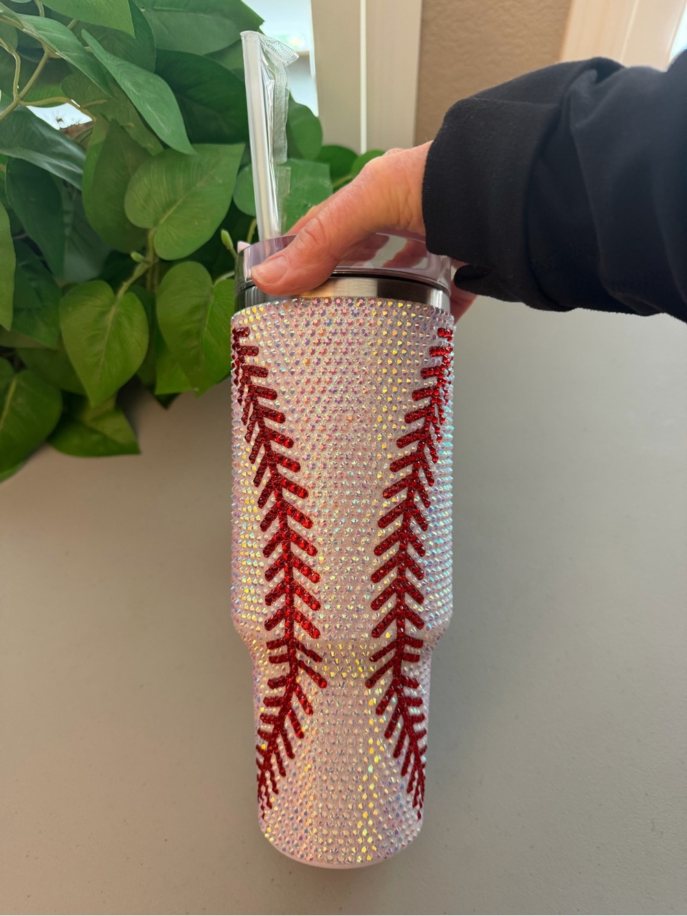 NEW Sparkling Baseball Stitch Rhinestone Tumbler - White Crystals & Red Accents